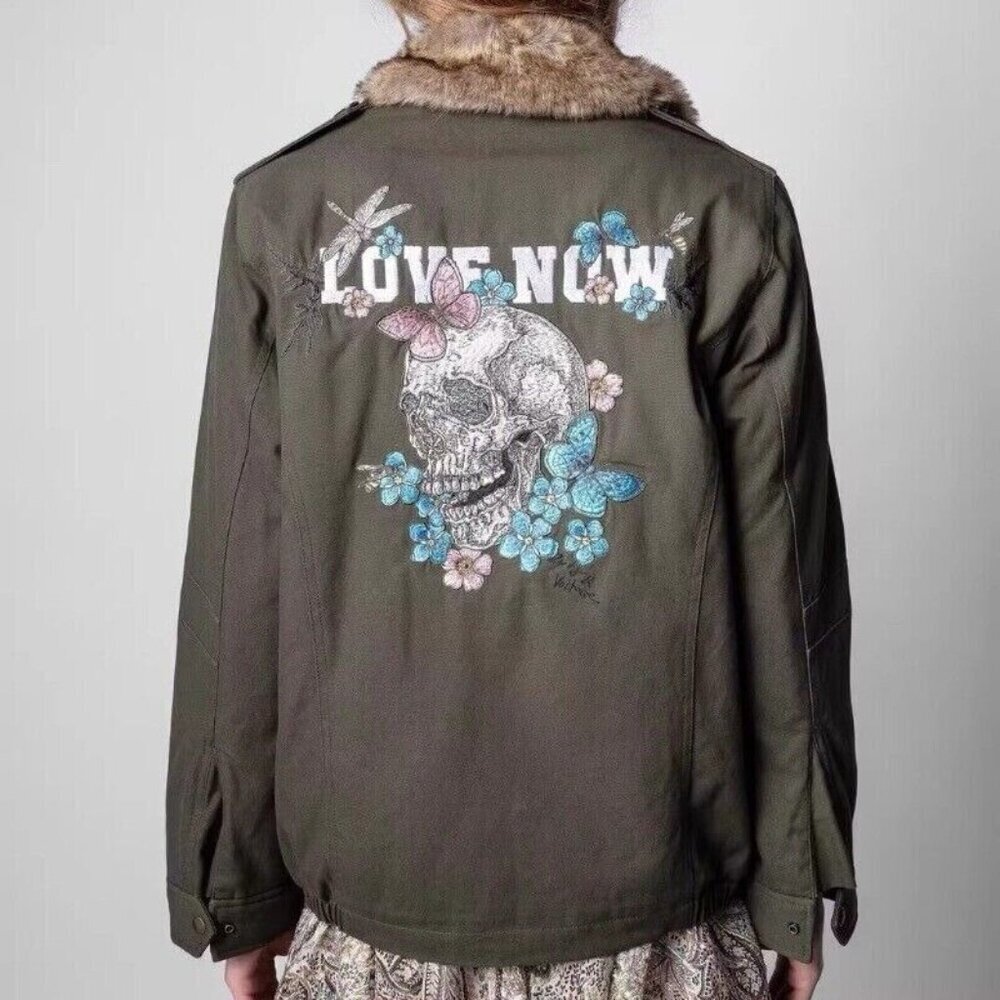 Zadig & Voltaire Jacket Size S Skull Butterfly Embroidered Fur Collar Kid Parka